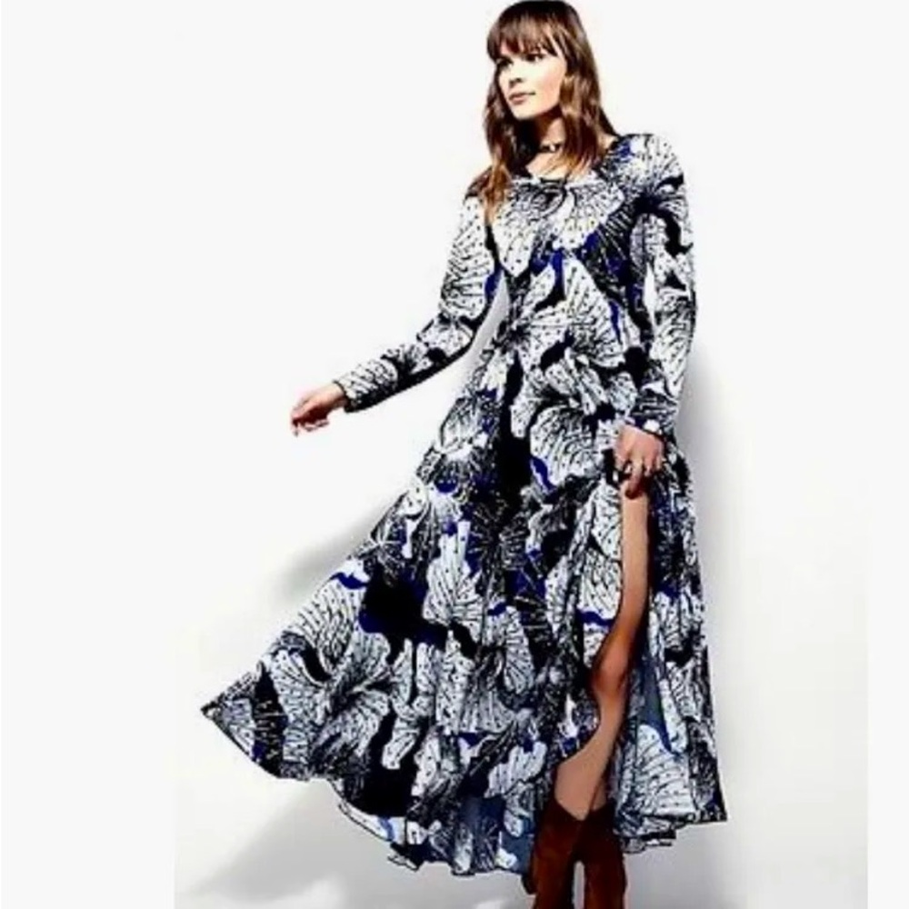 Free People First Kiss Dress Floral Print Bold Black White Blue XS Pre-Owned